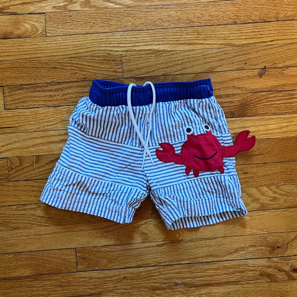 Red and Blue Swim Trunks with Crab Design by Florence Eiserman